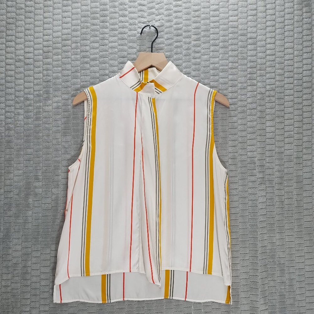 Frame Denim White Sleeveless Button-Back Stripe Blouse with Mustard & Red